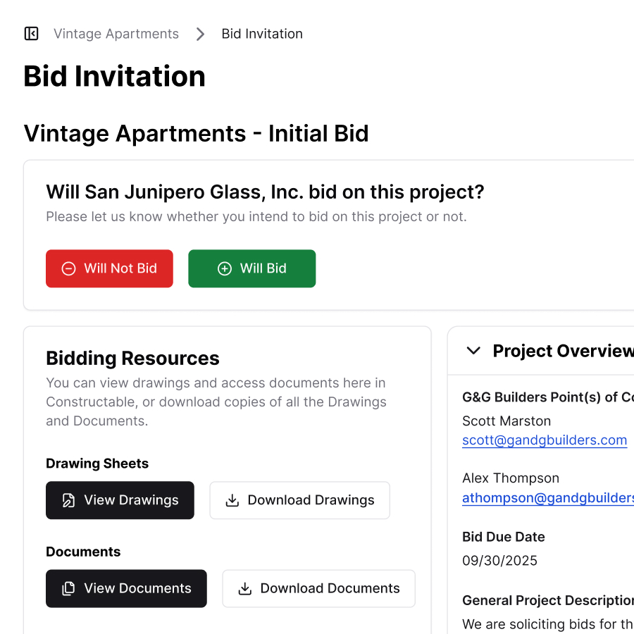 A screenshot of the special landing page that bidders see when they access Constructable to bid on a project. Bidders can easily indicate their intention to bid or not to bid, view or download all of the project's drawing sheets, view or download all of the project's documents, and even submit their bid directly on the landing page. Bidders can add specific bid amounts for each scope of work. The landing page also includes all relevant contact information for the project, the bid due date, a description of the project, and the full written bidding instructions.