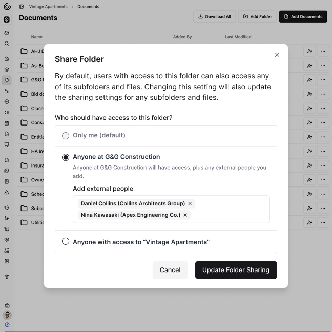 A screenshot of Constructable's Documents feature, showing the Share Folder dialog which allows the user to share a folder with the desired set of users who should have access to the folder. The options include the ability to make the folder private, shared among their internal organization, or shared with all users who have access to the project such as owners, consultants, and subcontractors. USers can also choose specific users to share the folder with if desired.