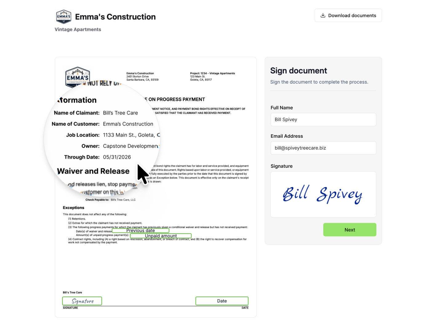 A screenshot of Constructable's lien waiver signing experience, showing a lien waiver document preview with a signature form and download option.