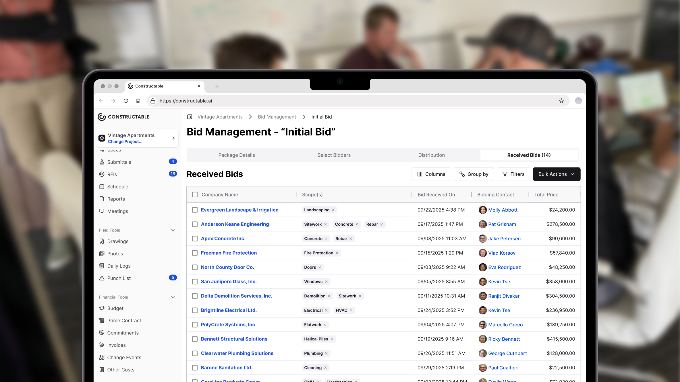 A screenshot of Constructable's bid management feature, one of its preconstruction tools, showing a comprehensivetable view of bids received from subcontractors with each of their details, including the package name, assigned scopes, received dates, bidding contacts, and total bid amounts across all scopes. Users can easily view the details of each bid, such as the bid amount, the scope of work, the deadline, and the bidder's contact information. Users can group bids by scopes and/or trades, and bids can be sorted by any of the columns in the table. Bulk actions can also be performed on bids, such as sending emails to all bidders, sending reminder emails, updating bid statuses, and much more.