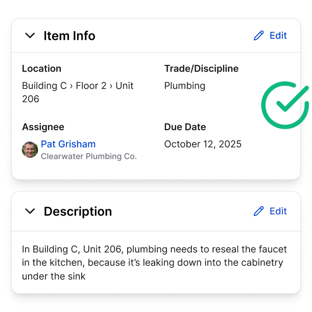 A screenshot of Constructable software showing structured, accurate data entered into the system, providing punch item assignees (like subcontractors, suppliers, or other trade partners) with all the necessary information for the work they are responsible for, giving them clear expectations and reducing confusion.