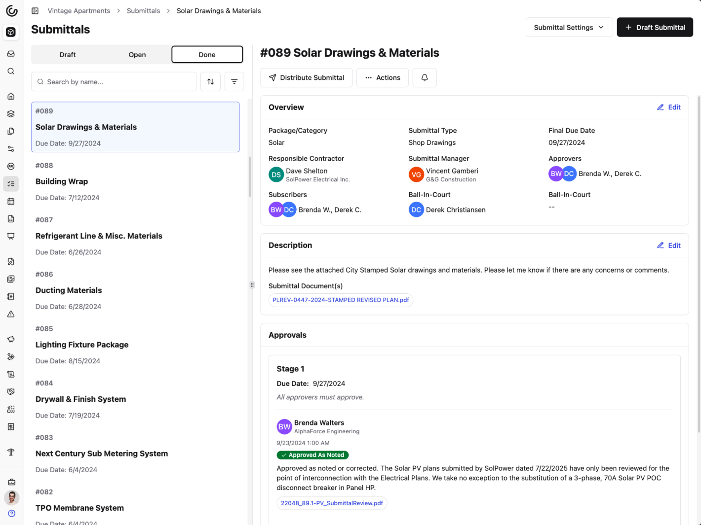 A screenshot of Constructable's Submittals feature, showing a submittal with a multi-stage workflow. The submittal has a due date, assignee, status, and a list of documents. The submittal has a multi-stage workflow, with the first stage being the submittal itself, the second stage being the submittal approval, and the third stage being the submittal rejection. The submittal has a clear status tracking, with the status being shown in a badge at the top of the submittal. The submittal has revision control, with the latest version of the submittal being shown at the top of the submittal. The first stage of the submittal approval workflow has been completed and the submittal document was approved by the first approver, and their approval note is shown. The approver also uploaded their stamped version of the submittal document as part of their approval, and the submittal manager can click the link to view the attached document. Once the submittal document has been approved, the submittal manager can distribute the submittal to the submittal's subscribers for easy access and review.
