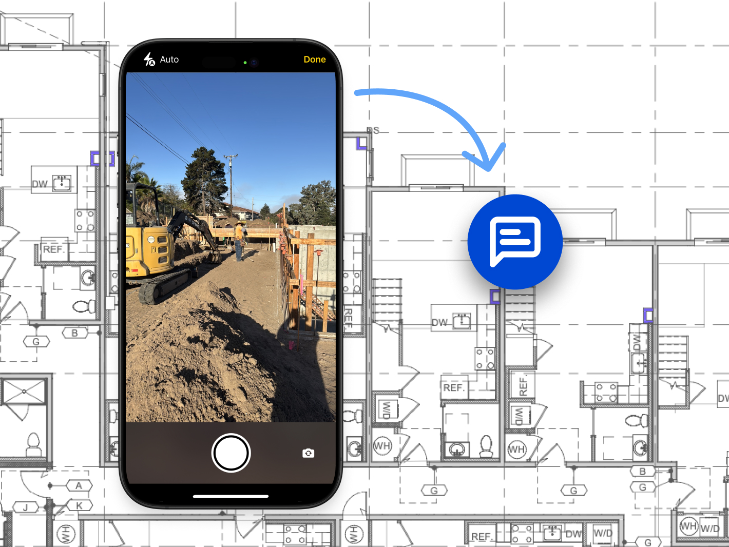 An image depicting how users can take photos with their smartphone camera and easily pin them to a drawing sheet for easy reference and collaboration.